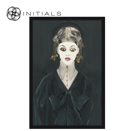 Walldecoration Lady in Black Polyester Woven Velvet with Wooden Frame Black